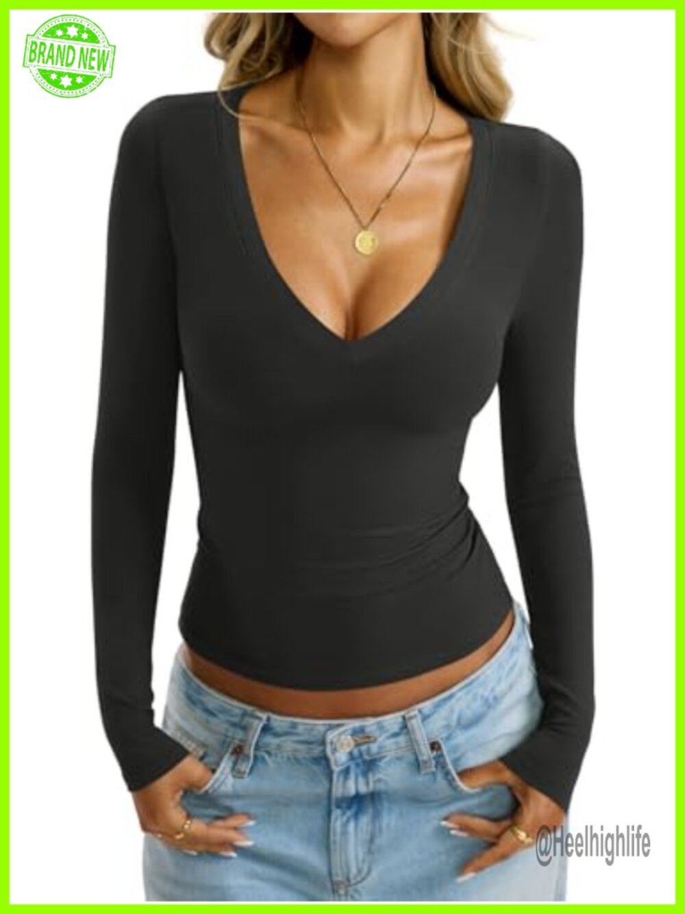 Womens Deep V Neck Long Sleeve Slim Fitted Sexy Top Y2K